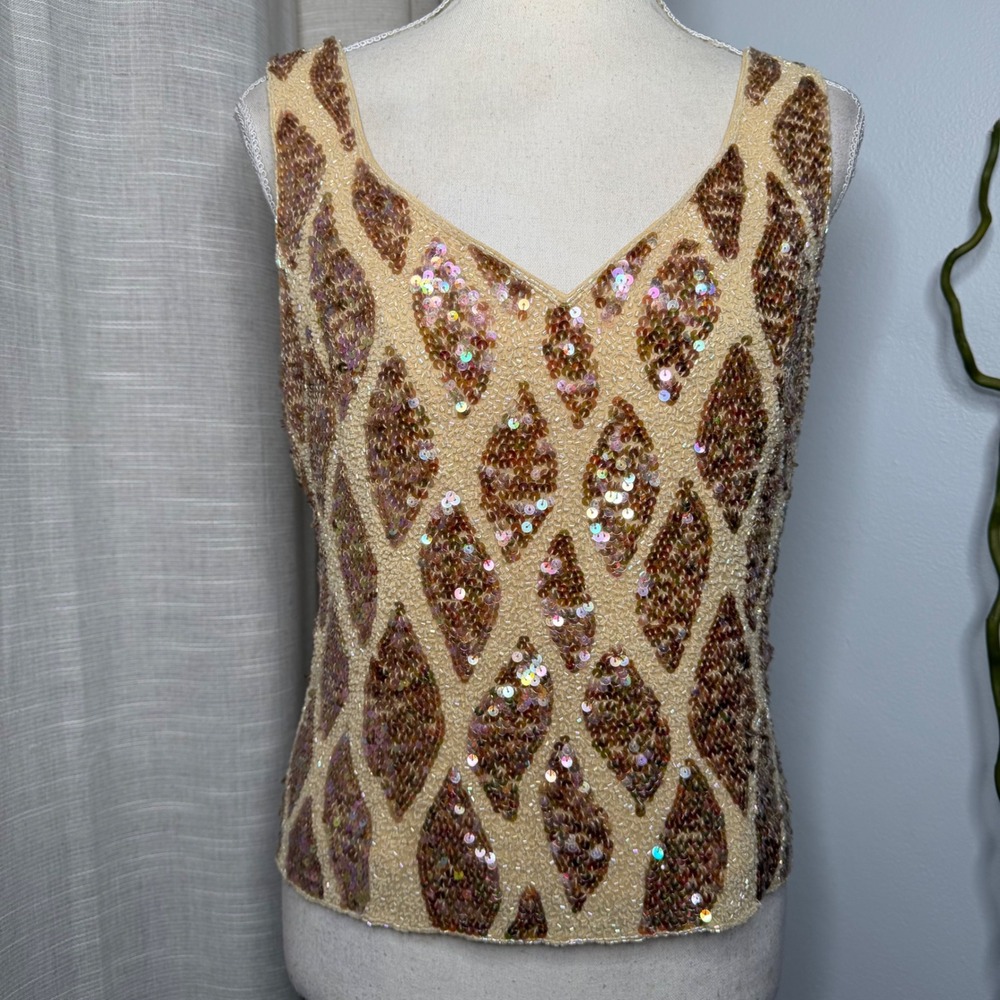 Danier 100% Silk Sequin Beaded Diamond Tank Gold Bronze Iridescent Women's Large